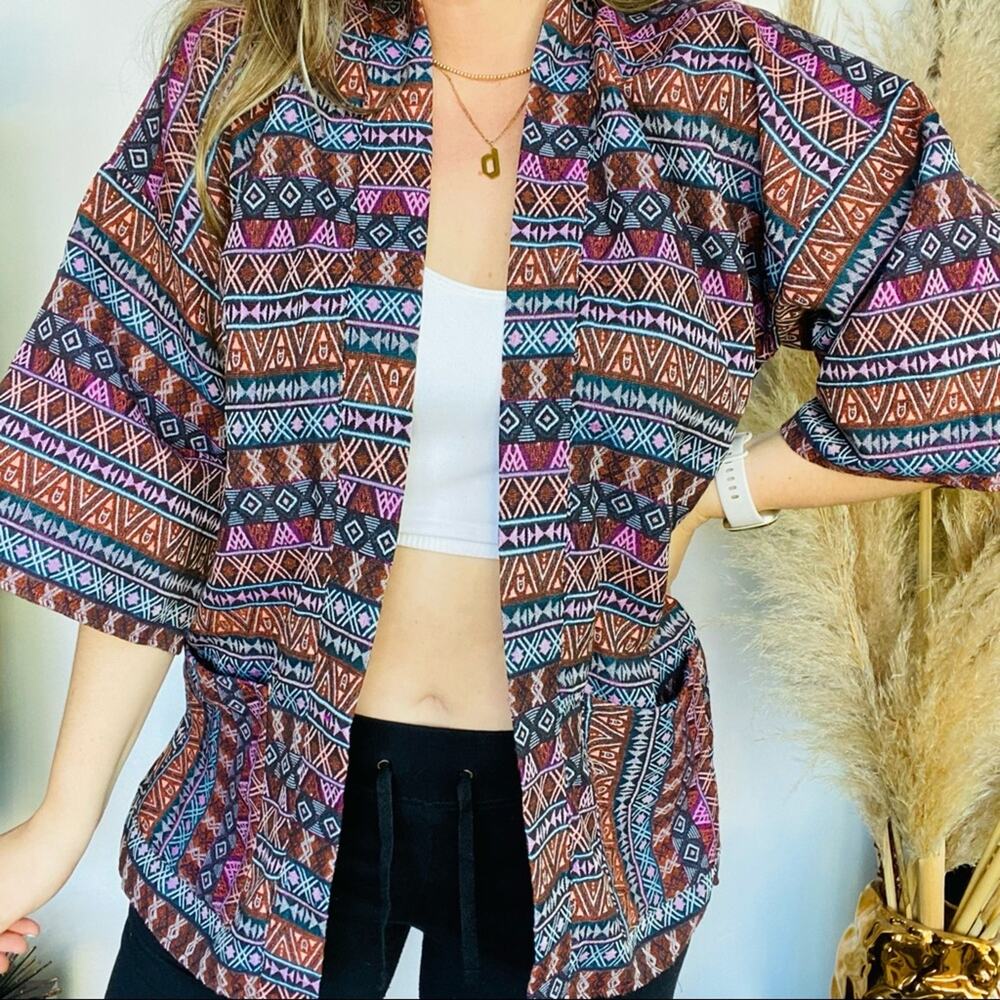 VINTAGE Handmade Red Maroon Striped Aztec Printed Open Kimono Sweater Layering